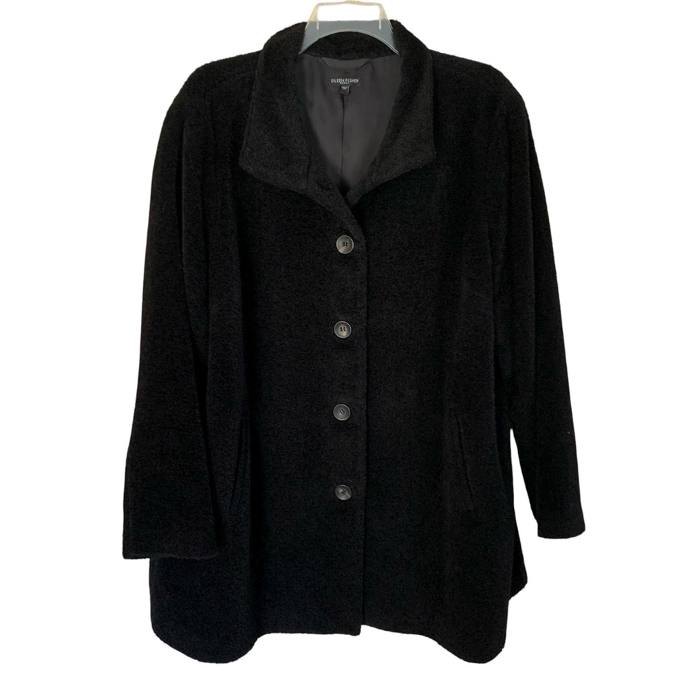 Eileen Fisher Women Plus 3X Wool Suri Alpaca Black Button Front Lined Peacoat